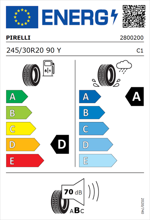 Tyre Label for Pirelli P Zero 245/30R20 90Y