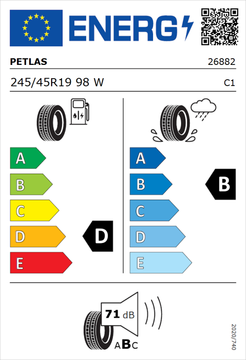 Tyre Label for Petlas Velox Sport PT741 245/45R19 98W