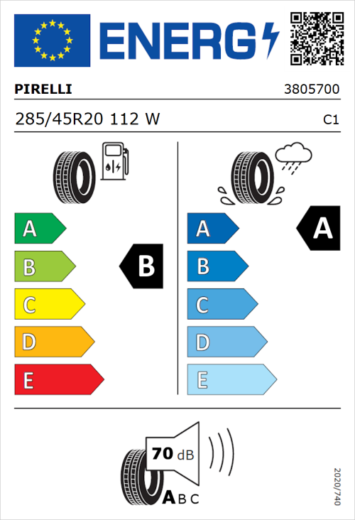 Tyre Label for Pirelli P Zero 285/45R20 112W