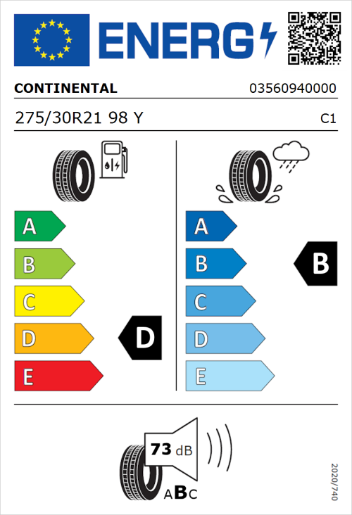 Tyre Label for Continental ContiSportContact 5 P 275/30R21 98Y