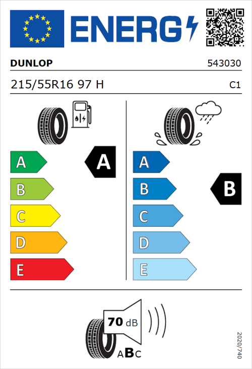 Tyre Label for Dunlop Sport BluResponse 215/55R16 97H